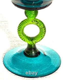 MCM Tuscany Italy Empoli Art Glass Blue Green Draped Vase Ring Stem Pedestal O