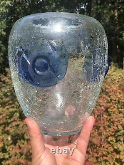 MID Century Modern Blenko Crackle Glass Vase With Applied Rosettes