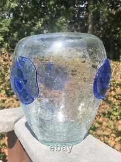MID Century Modern Blenko Crackle Glass Vase With Applied Rosettes