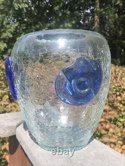 MID Century Modern Blenko Crackle Glass Vase With Applied Rosettes