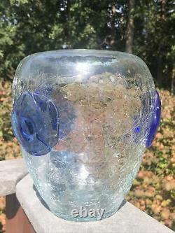 MID Century Modern Blenko Crackle Glass Vase With Applied Rosettes