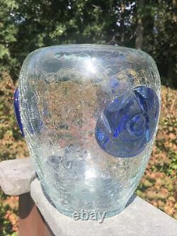 MID Century Modern Blenko Crackle Glass Vase With Applied Rosettes