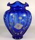 MINT Vtg Shelly Fenton Hand Painted Flower Cobalt Blue Feather Art Glass Vase