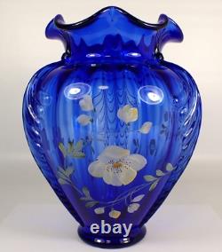 MINT Vtg Shelly Fenton Hand Painted Flower Cobalt Blue Feather Art Glass Vase