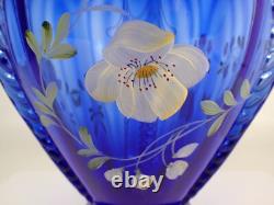 MINT Vtg Shelly Fenton Hand Painted Flower Cobalt Blue Feather Art Glass Vase