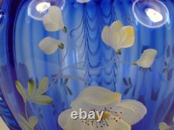 MINT Vtg Shelly Fenton Hand Painted Flower Cobalt Blue Feather Art Glass Vase