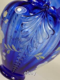 MINT Vtg Shelly Fenton Hand Painted Flower Cobalt Blue Feather Art Glass Vase