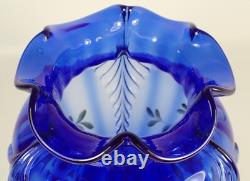 MINT Vtg Shelly Fenton Hand Painted Flower Cobalt Blue Feather Art Glass Vase