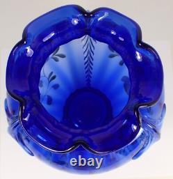 MINT Vtg Shelly Fenton Hand Painted Flower Cobalt Blue Feather Art Glass Vase