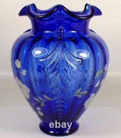 MINT Vtg Shelly Fenton Hand Painted Flower Cobalt Blue Feather Art Glass Vase