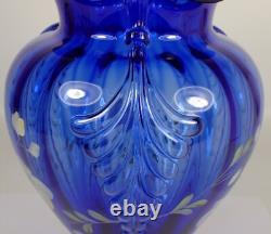 MINT Vtg Shelly Fenton Hand Painted Flower Cobalt Blue Feather Art Glass Vase