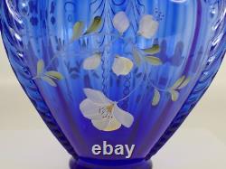 MINT Vtg Shelly Fenton Hand Painted Flower Cobalt Blue Feather Art Glass Vase