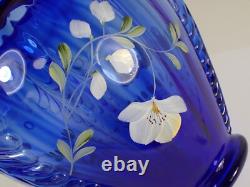 MINT Vtg Shelly Fenton Hand Painted Flower Cobalt Blue Feather Art Glass Vase