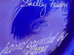 MINT Vtg Shelly Fenton Hand Painted Flower Cobalt Blue Feather Art Glass Vase