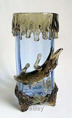 MOSER HARRACH 11 SALAMANDER Blue Amber APPLIED Antique BOHEMIAN Glass FOOT VASE