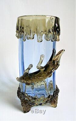 MOSER HARRACH 11 SALAMANDER Blue Amber APPLIED Antique BOHEMIAN Glass FOOT VASE