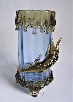 MOSER HARRACH 11 SALAMANDER Blue Amber APPLIED Antique BOHEMIAN Glass FOOT VASE