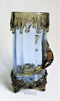 MOSER HARRACH 11 SALAMANDER Blue Amber APPLIED Antique BOHEMIAN Glass FOOT VASE