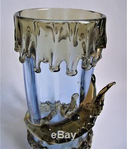 MOSER HARRACH 11 SALAMANDER Blue Amber APPLIED Antique BOHEMIAN Glass FOOT VASE