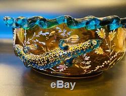 MOSER HARRACH 9.5SALAMANDER Blue/Topaz 1890s Antique Bohemian Glass Bowl