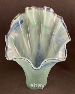 MURANO Art Glass Vase Turquoise Green Blue Swirl Italy Handkerchief Ruffled Edge