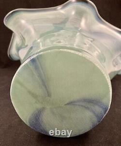 MURANO Art Glass Vase Turquoise Green Blue Swirl Italy Handkerchief Ruffled Edge