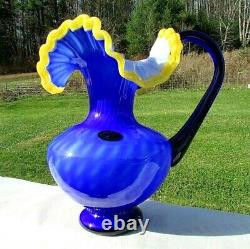 MURANO Blue Yellow Crest Diamond Optic Pitcher Vase 10.5H MINT