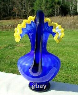 MURANO Blue Yellow Crest Diamond Optic Pitcher Vase 10.5H MINT