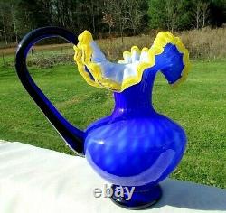 MURANO Blue Yellow Crest Diamond Optic Pitcher Vase 10.5H MINT