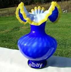 MURANO Blue Yellow Crest Diamond Optic Pitcher Vase 10.5H MINT