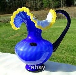 MURANO Blue Yellow Crest Diamond Optic Pitcher Vase 10.5H MINT