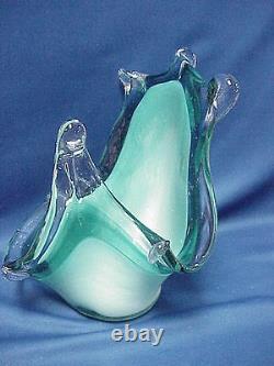 MURANO Turquoise Blue and White Splash Water Drop ART GLASS Vase Bowl Dish 11