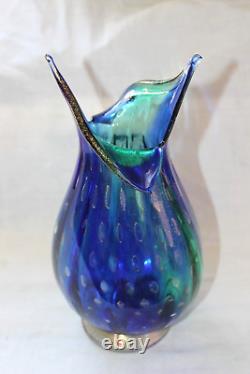 MURANO Vintage Glass Vase Controlled Bubbles signed Ougaro blue Gold Flecks