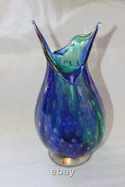 MURANO Vintage Glass Vase Controlled Bubbles signed Ougaro blue Gold Flecks