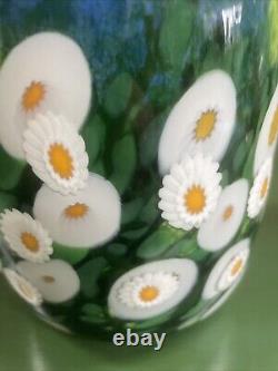 Mad Art Signed Glass Studio 2002 Blue Sky Daisy Floral Flower Vase Hand Blown