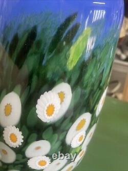 Mad Art Signed Glass Studio 2002 Blue Sky Daisy Floral Flower Vase Hand Blown