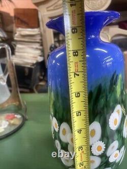 Mad Art Signed Glass Studio 2002 Blue Sky Daisy Floral Flower Vase Hand Blown