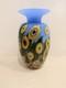 Mad Art Studios Signed Hand Blown Art Glass Vase Blue Yellow Floral Millefiori