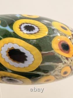 Mad Art Studios Signed Hand Blown Art Glass Vase Blue Yellow Floral Millefiori