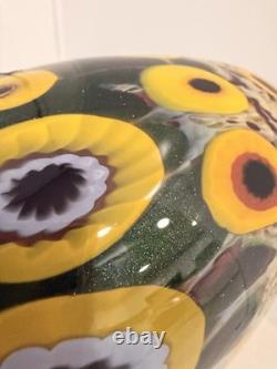 Mad Art Studios Signed Hand Blown Art Glass Vase Blue Yellow Floral Millefiori