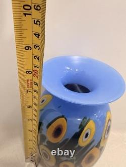 Mad Art Studios Signed Hand Blown Art Glass Vase Blue Yellow Floral Millefiori