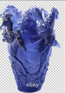 Magnificent Nine Horse Pate De Verre Vase Dark Blue 19/19/22cm 11lb Heavy