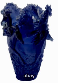 Magnificent Nine Horse Pate De Verre Vase Dark Blue 19/19/22cm 11lb Heavy