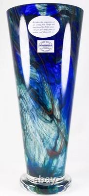 Makora Krosno Poland Hand Blown Cobalt Blue Swirls Tapered Art Glass Vase 12.75