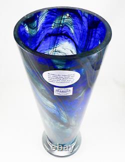 Makora Krosno Poland Hand Blown Cobalt Blue Swirls Tapered Art Glass Vase 12.75