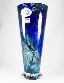 Makora Krosno Poland Hand Blown Cobalt Blue Swirls Tapered Art Glass Vase 12.75