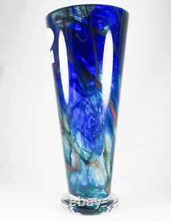 Makora Krosno Poland Hand Blown Cobalt Blue Swirls Tapered Art Glass Vase 12.75