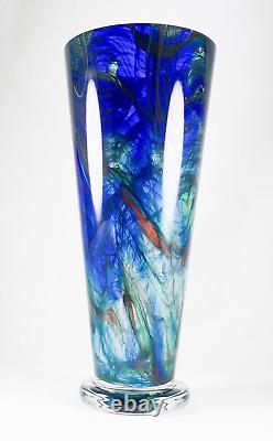 Makora Krosno Poland Hand Blown Cobalt Blue Swirls Tapered Art Glass Vase 12.75