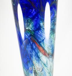 Makora Krosno Poland Hand Blown Cobalt Blue Swirls Tapered Art Glass Vase 12.75