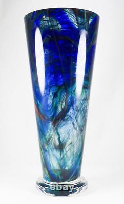 Makora Krosno Poland Hand Blown Cobalt Blue Swirls Tapered Art Glass Vase 12.75